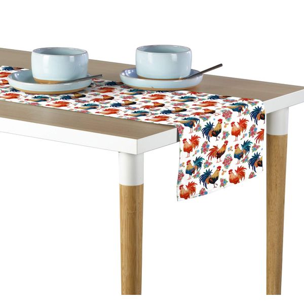 Table Runner, 100% Milliken Polyester, Machine Washable, 14x108, Rise & Shine Roosters