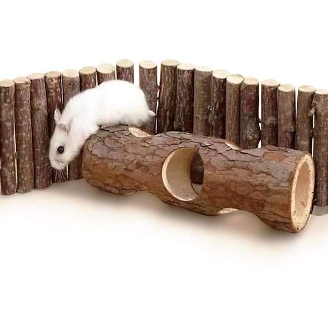 Natural Wood Bridge Ladder for Hamster Rats Mouse Guinea Pig Chinchilla Ferret Reptile Small Animals Cage Wooden Hideout Toy (1 Bridge 21.7" & 1 Tunnel 7.9")