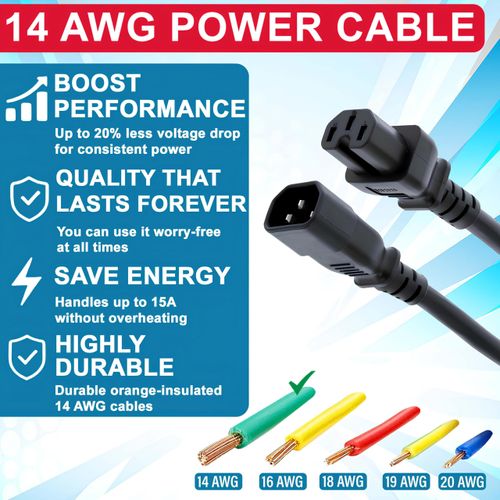 CablesAndKits - AC Power Cord Extension (3ft) - C14 to C15-15A/250V, 14 AWG Power Cord - Heavy-Duty Power Cable for PDU, UPS, Electronics, Network and Data Center Needs - (Black)