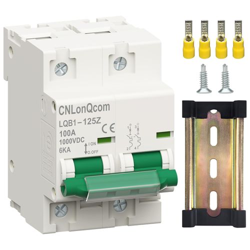 CNLonQcom DC Miniature Circuit Breaker 100 Amp Solar Disconnect Switch DC1000V 2P MCB for PV, UPS, RV Battery, DIN Rail Mount