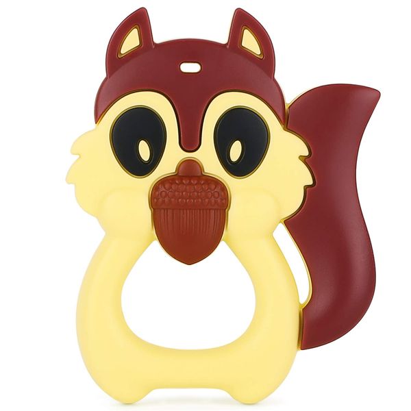 PREMYO Teething Toy for Baby Teether Silicone - Soothes Sore Gum Pain - Easy to Grab BPA Free Squirrel Brown