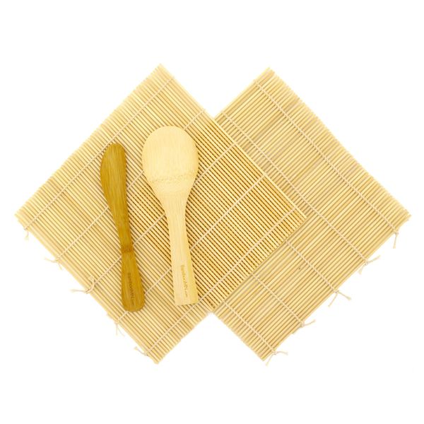 BambooMN Sushi Making Kit, 2X Natural Bamboo Sushi Mat, Paddle, Spreader | 100% Bamboo Sushi Rolling Mat Set