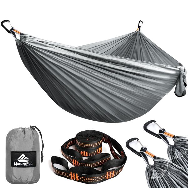 NATUREFUN Ultra-Light Travel Camping Hammock | 300kg Load Capacity,(300 x 200 cm) Breathable,Quick-drying Parachute Nylon | 2 x Premium Carabiners,2 x Nylon Slings Included | For Outdoor Indoor Garden