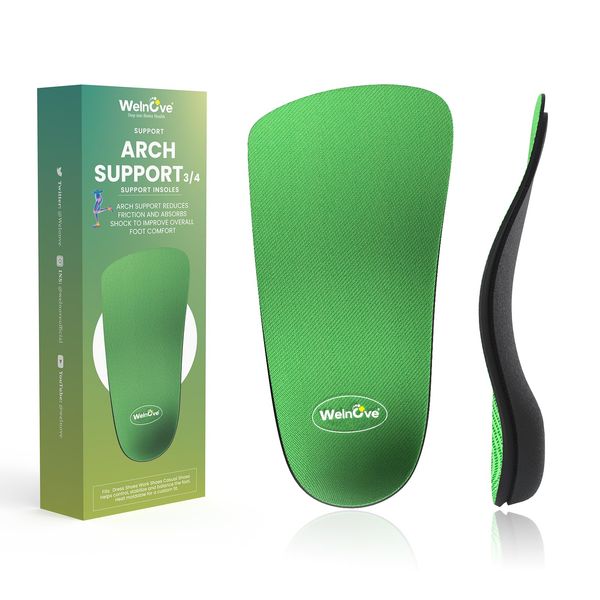 Plantar Fasciitis Arch Support Insoles - Welnove 3/4 Arch Pain Relief Orthotics for Tight Shoes,Arch Support Inserts for Over-Pronation,Flat Feet and Heel Spur