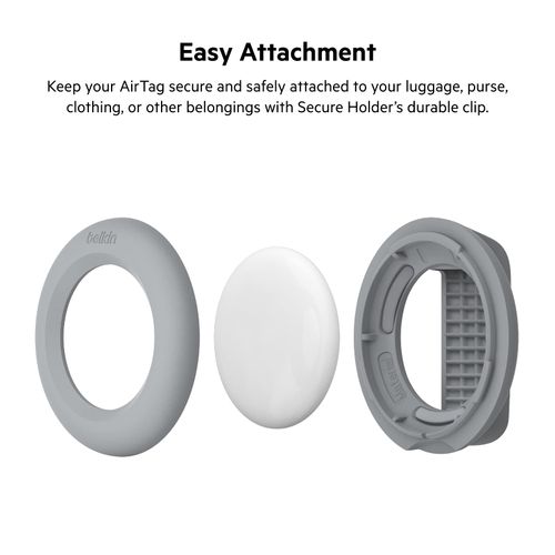 Belkin Apple AirTag Secure Holder with Clip - AirTag Holder - Durable Scratch Resistant AirTag Case - Apple Air Tag Case with Spring Loaded Clip - Attach to Backpack, Clothing, & Luggage - Light Gray