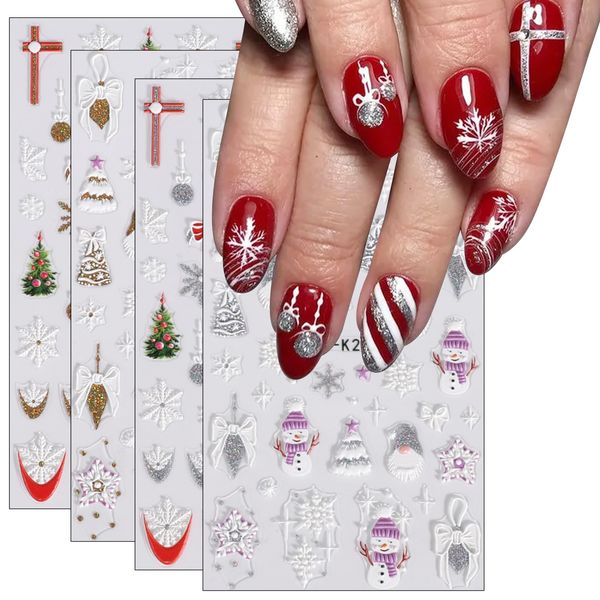 JMEOWIO 3D Natale Adesivi Unghie Nail Art, Stickers Unghie Autoadesivi 5D Decorazioni Unghie Nail Art Disegni 4 Fogli