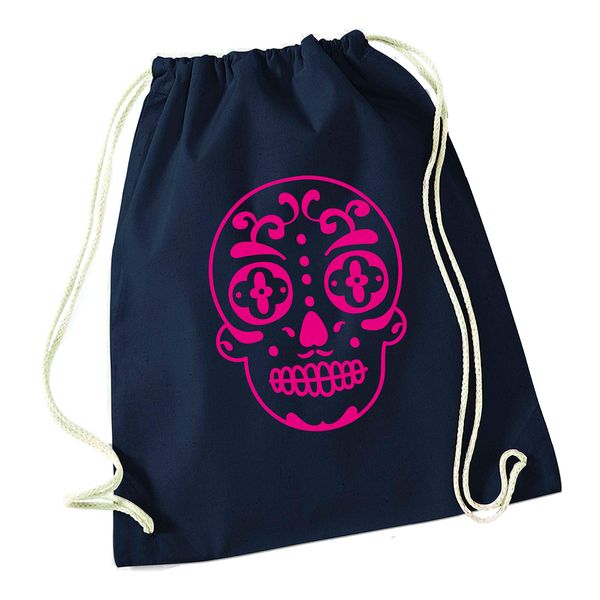 Flox Creative Navy Drawstring Bag Neon Pink Sugar Skull