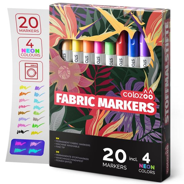 colozoo Fabric Paint Pens Set of 20-4 UV Neon and 16 Textile Pen Machine Washable Markers, Polyester, Bags, T-Shirt, Paper and Other