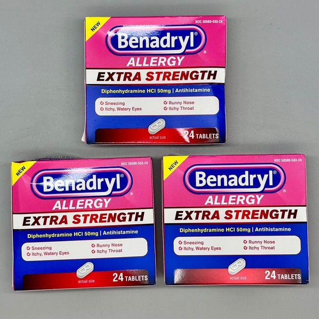 Benadryl Allergy Extra Strength 50mg Antihistamine 3PK x 24 Tablets 1/25+
