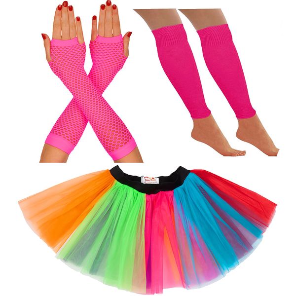 REDSTAR FANCY DRESS® Tutu Skirt Package Including Leg Warmers Fishnet Gloves and Rainbow Wristbands (14-22 UK, Rainbow)