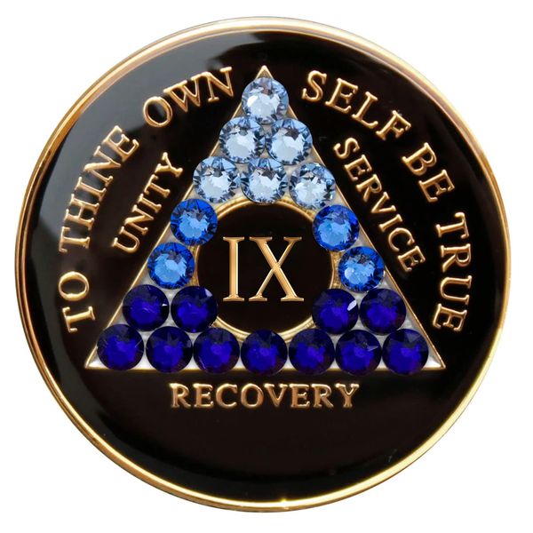 Sobriety Chip AA Blue Transition Bling Crystallized Black Triplate (9 Year)