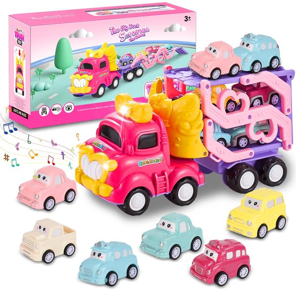 Voicinlili Toy Truck for 1, 2, 3, 4, 5, 6+ Year Old Girls, 7-in-1 Foldable Truck with Light & Music Educational Toy for Toddlers Great Gift for Girls