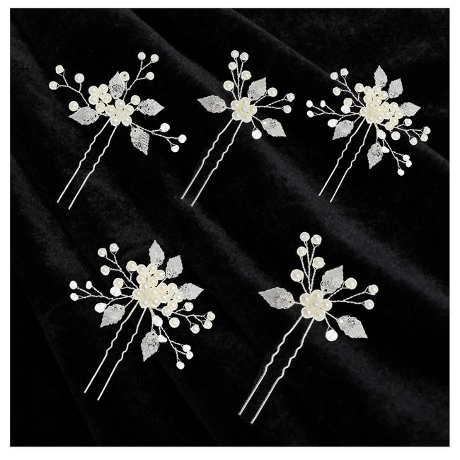 ZoeTekway Pack mit 5 luxuriösen Hochzeitsblumen-Haarnadeln, Hochzeitshaar-Accessoires-Perlen, Brautperlen Haarschmuck, Silber-Haarspangen für Braut und Brautjungfer