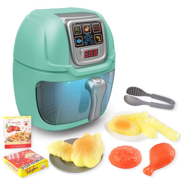 deAO Kitchen Play Set, 14 Pieces Kids Air Fryer Pretend Role Play Kitchen Toy with Realistic Light, Sound, Play Food, and Kitchen Accessories, Kitchen Educational Toy Set for Kids Girls Boys (Green)