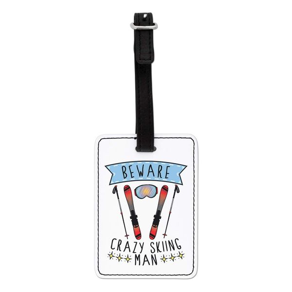 Gift Base Beware Crazy Skiing Man Visual Luggage Tag with Black Strap