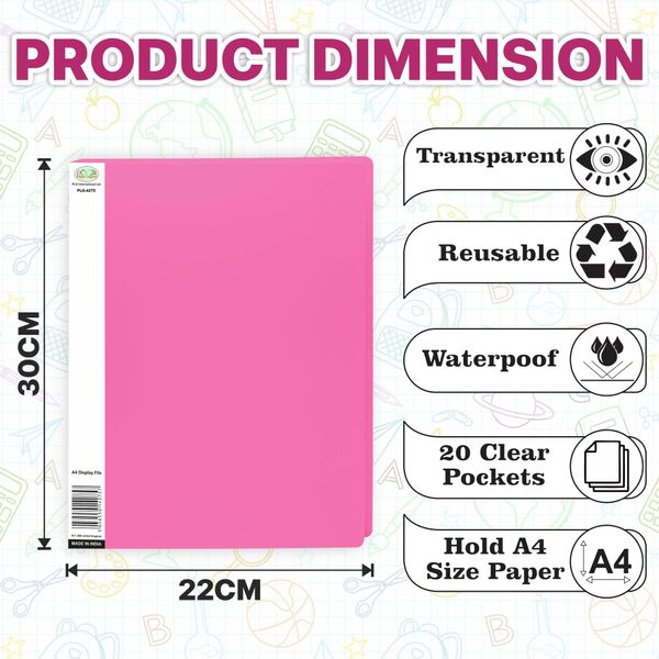 Pink Colour - A4 20 Pocket Display File Book Presentation Folder Portfolio Financial Document, Interviews Project Book Certificate Folder Plastic Wallets (40 Views) (Single)