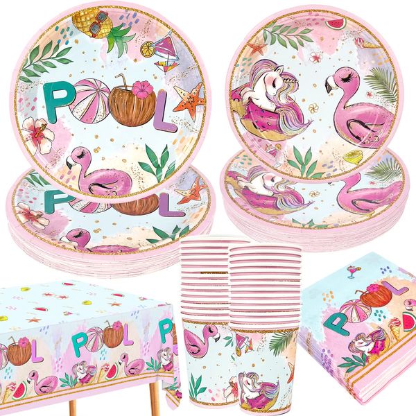 Pool Party Supplies- 121 PCS Pool Plates and Napkins Set Summer Beach Ball Theme Party Cups Tablecloths Pink Flamingos Unicorns for Hawaiian Beach Kids Boys Girls Birthday Party Decorations 30 Guest