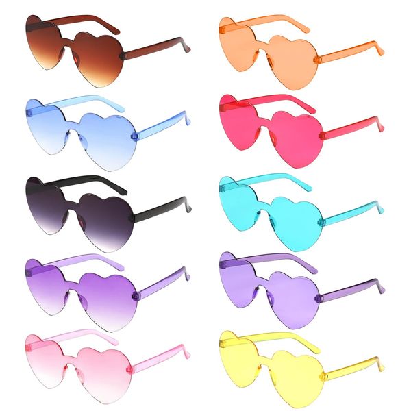 BOZILY Heart Shaped Sunglasses 10 Pcs Heart Sunglasses Rimless Rave Glasses Retro Round Sunglasses Multipack Heart Shaped Glasses for Adults and Kids