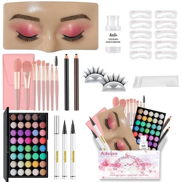 Makeup Practice Face Board, Reusable Silicone Mannequin Face, Kit for Students and Beginners, Brush Set