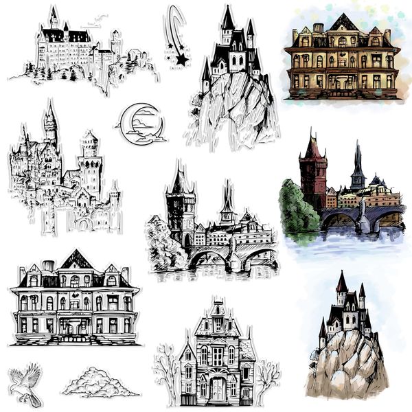 craspire Vintage Castle Scenery Clear Rubber Stamp Fairy Tale Mountain Eagle Transparente Silikonsiegel Stempel Retro Für Journaling, Kartenherstellung, DIY, Scrapbooking, Handgemachtes Fotoalbum