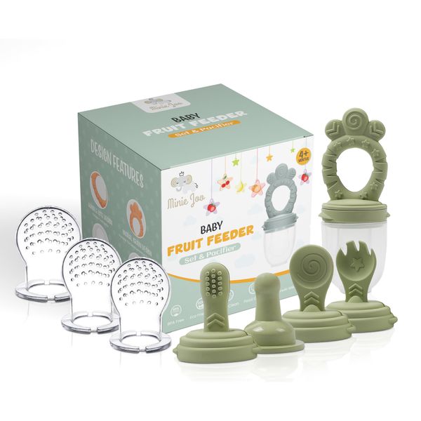 Minie Joo 7-in-1 Baby Food Fruit Feeder with 3 Size Pacifier Pouches & Interchangeable Heads | Breastmilk Popsicles Teether | Multi-Function Infant Teething Toy & Soother | Complete Self-Feeding Set