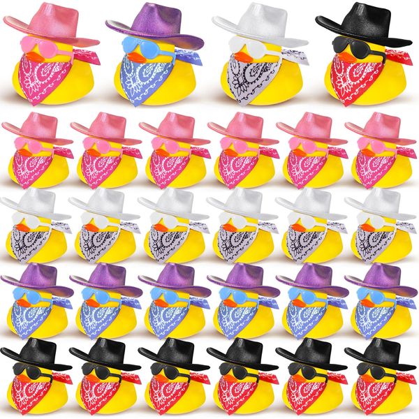 Hanaive 24sets Disco Cowboy Rubber Duck with Light up Mini Holographic Space Hat Scarf Sunglasses Cute Bath Rubber Duck Bathtub Accessories Toy Baby Shower Birthday Christmas Supplies(Bright Neon)