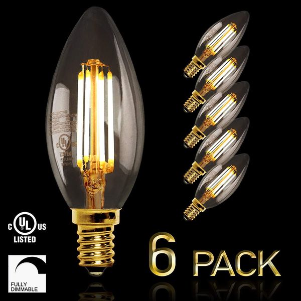 NITOR Lighting LED Candelabra Bulb, 4 Watt E12 Filament Candle Light bulbs,