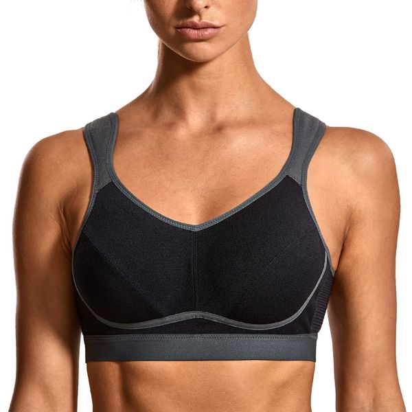 SYROKAN Women's Sports Bra Wireless Comfort High Impact Support Bounce Control Plus Size Workout Bra Black/Grey-1 34D