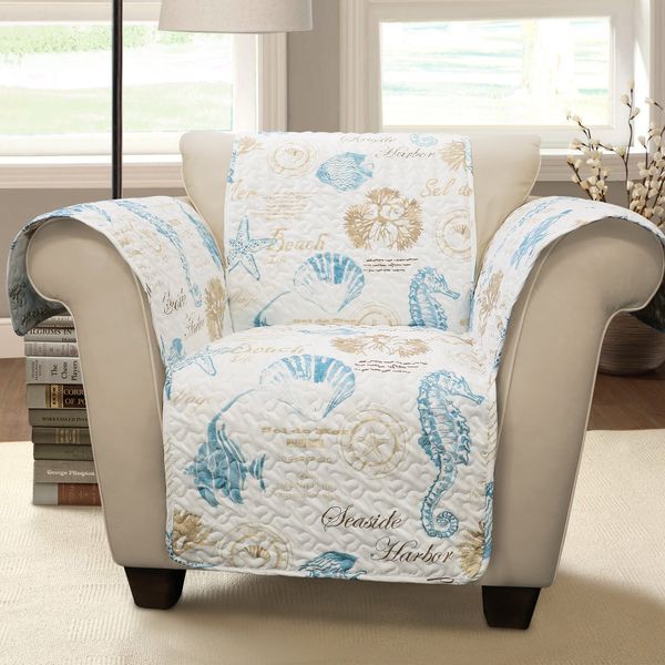 Lush Decor Harbor Life Furniture Protector, Arm Chair, 71" W x 75" L, Blue & Taupe - Quilted Coastal Chair Cover - Nautical Furnishings - Pet Protector for Chair - Beach House Decor