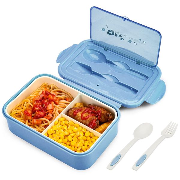 BIBURY Lunch Box, Leakproof Bento Box for Kids Adults, Food Container with 3 Compartments and Cutlery Set, BPA Free, Microwave and Dishwasher Safe Meal Prep Containers - Blue