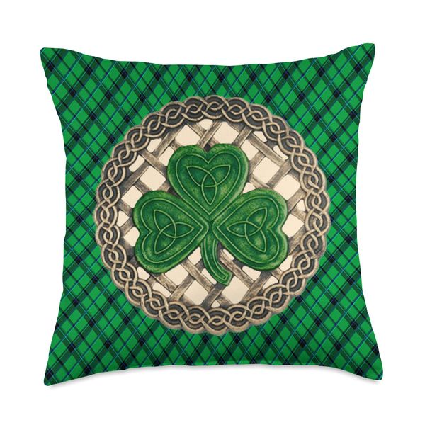 Shamrock Celtic Knots With Beige Background On Green Plaid Throw Pillow