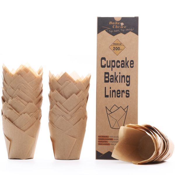 Bake Choice 200pcs Natural Tulip Muffin Cases for Baking, Unbleached European Parchment Paper Tulip Cupcake Cases, Cupcake Wrapper for Party, Christmas