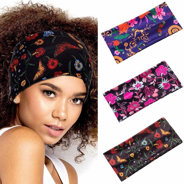 Fashband Boho Breite Stirnbänder Schwarze Blume Headwrap Elastische Yoga Haarbänder für Frauen und Mädchen (3 Stück)