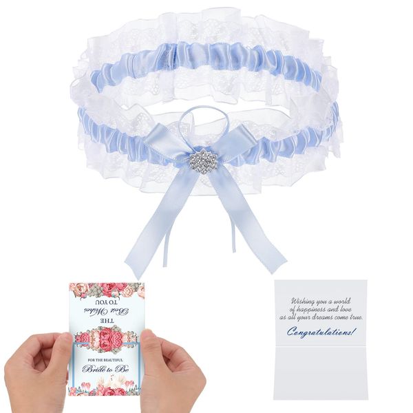 Satinior Garters Brides Blue Lace Ribbon Bow Elastic Garter Wedding Card, Bride Garter Belt Wedding Garter Gift Wedding Card Gift Party, Engagement, Bridal Shower(Light Blue) (SATINIOR-Card-YN1)