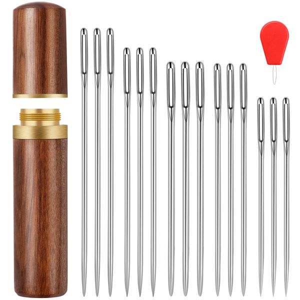 FEBSNOW 30PCS Large Eye Stitching Needles, 5 Sizes Big Eye Hand Sewing Sharp Needles Embroidery Thread Needle with a Wooden Needle Case