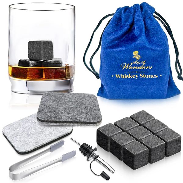 A&A Wonders Premium Whiskey Stones 100% Natural Granite Set of 9 Chilling Rocks Stone Reusable Ice Cubes for Drinks with Velvet Carrying Pouch, Gift for Whiskey Lovers - Grey, (9 Cubes)