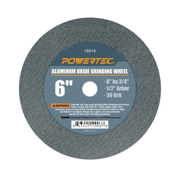 POWERTEC 15514 Bench and Pedestal Grinding Wheels, 6 Inch x 3/4 Inch, 1/2 Arbor, 36 Grit, Aluminum Oxide Bench Grinder Wheel for Bench Grinder