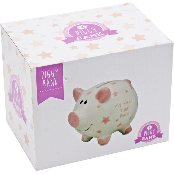 'My First Piggy Bank' Money Box White with Stars 12cm - Pink