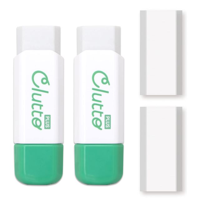 PLUS Clutto Kurutto Eraser, Case Eraser, 2 x Main Body + Replacement Rubber Set + Bonus (2 Replacement Rubbers), Green 36-878 x 2+ 36-885