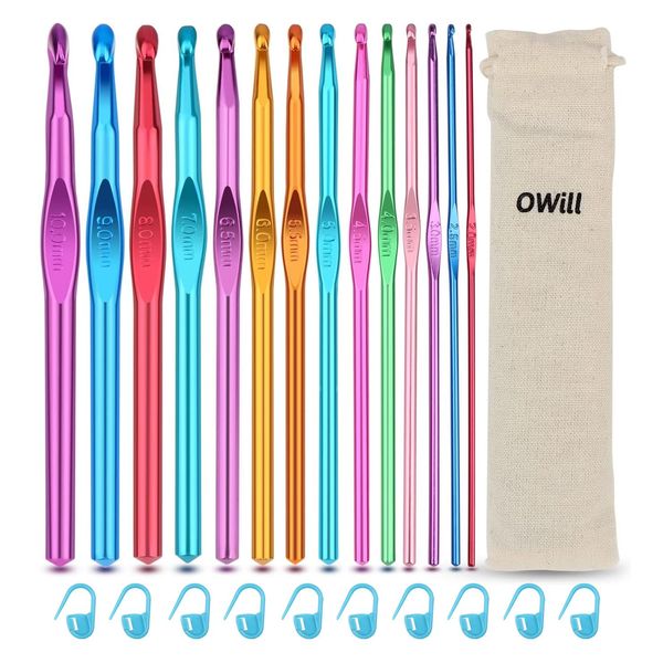 OWill 24 Pieces Crochet Hook, High Quality Coloured Aluminium Crochet Needles, Aluminium with Crochet Hook Set, 14 Sizes Crochet Kits Suitable for Beginners Adults