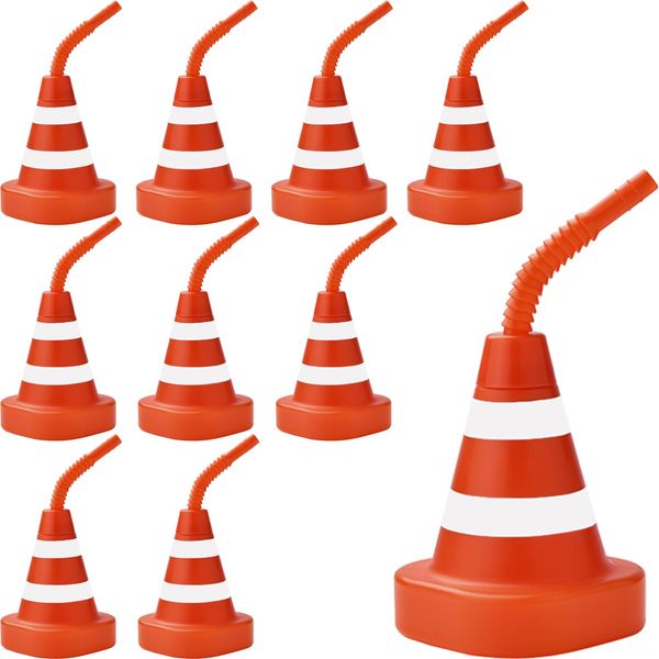 Haundry 10 Pack Construction Cone Cups Set, 10 oz Traffic Cones Kids Party Favor Cups with Straws Bulk for Construction Traffic Theme Racing Car Birthday Party Supplies