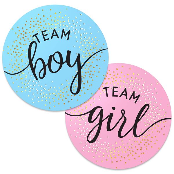 2.25” Gender Reveal Stickers for Party Invitations and Voting Games (80 Count) - Team Boy and Team Girl Labels with Gold Foil for Reveal Parties and Baby Showers | Easy to Peel and Stick (Circle)