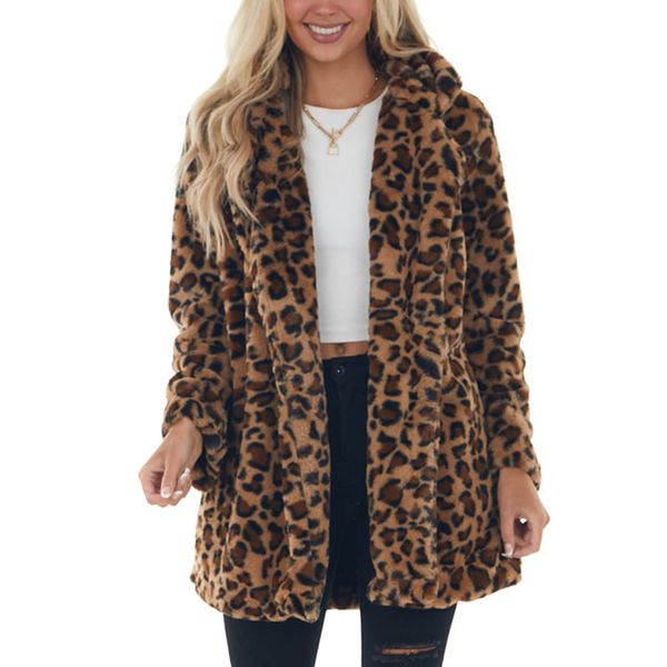 Omoone Women's Faux Fur Jackets Autumn Winter Leopard Coats Loose Fur Coat with Pockets(3361-Brown-M)