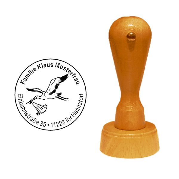 Stempel Holzstempel Adressstempel « STORCH bringt BABY » Durchmesser ca. Ø 40 mm - mit persönlicher Adresse und Motiv - Storch Vogel Hebamme Geburt