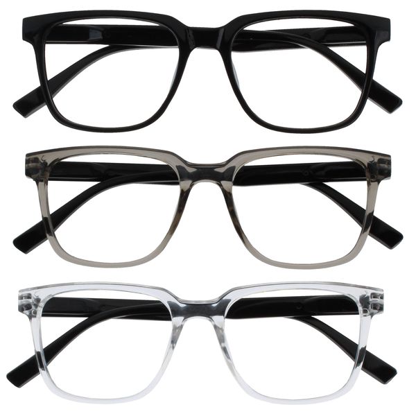 OPULIZE LEO Reading Glasses - 3 -Pack - Large Rectangular Frame - Black, Grey, Clear - Mens Womens - Spring Hinges - RRR55-17C - +2.50