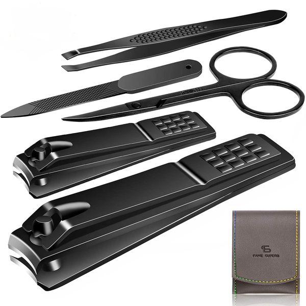 Manicure Pedicure Kit Nail Clippers Set Fingernails & Toenails Vibrissac Scissor 5 Pieces Best Care Tools for Man & Women with Travel Case (Gray/black_A)