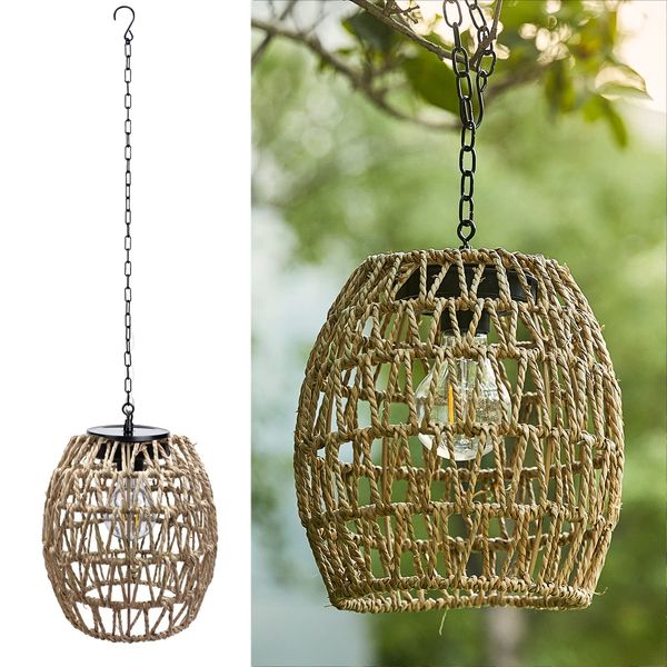 Outdoor Solar Hanging Lantern, Natural Seeweed Rattan Bamboo Woven Porch Patio Gazebo Pendent Chandelier Light Decorative Solar Powered Hanging Lamp for Front Door Garden