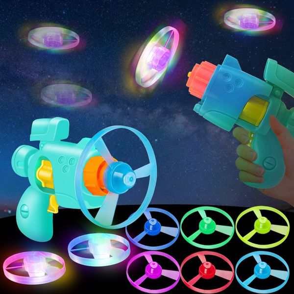 Ynybusi 10 Pcs Flying Disc Launcher Toy with 2 Launchers & 8 Discs, Boomerang Kids Toys for 3 4 5 6 Years Old Boys Girls Interactive Cat Toy Flying Saucer Toy Gifts for Ages 3-10