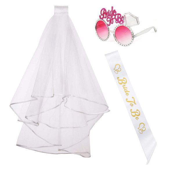 InnoBase Bride To Be Sash Hen Party Accessories Bridal Shower Wedding Hen Do Veil with Comb White and BRIDE TO BE Sunglasses 3pcs