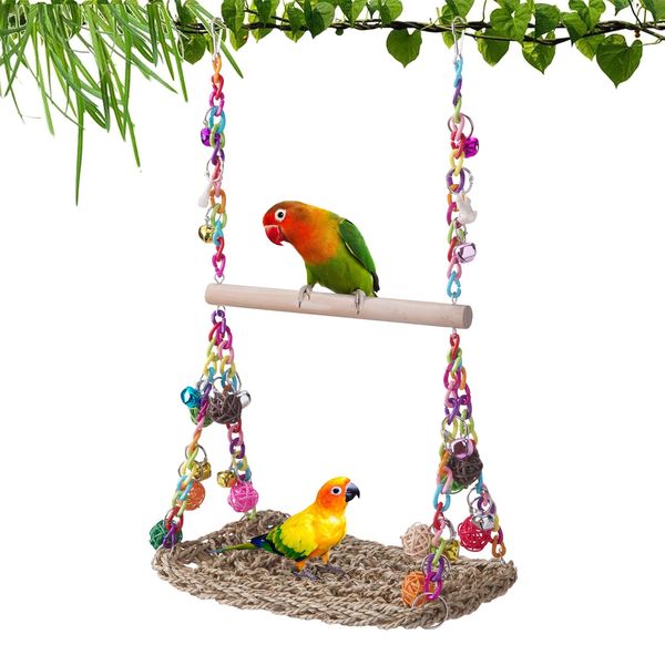 FrgKbTm Bird Swing Toys with Wood Perch, Seagrass Woven Parrot Platform Bird Climbing Hanging Hammock Bird Perch Stand Chewing Toy for Parakeets,Budgie, Conure, Cockatiel,Lovebird